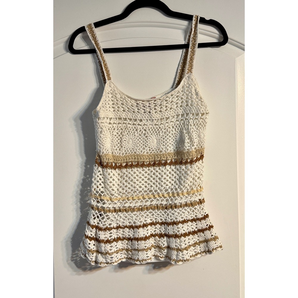 Bandolino Crochet Tank Top Large White Brown Boho Retro Peplum Lined Cottagecore